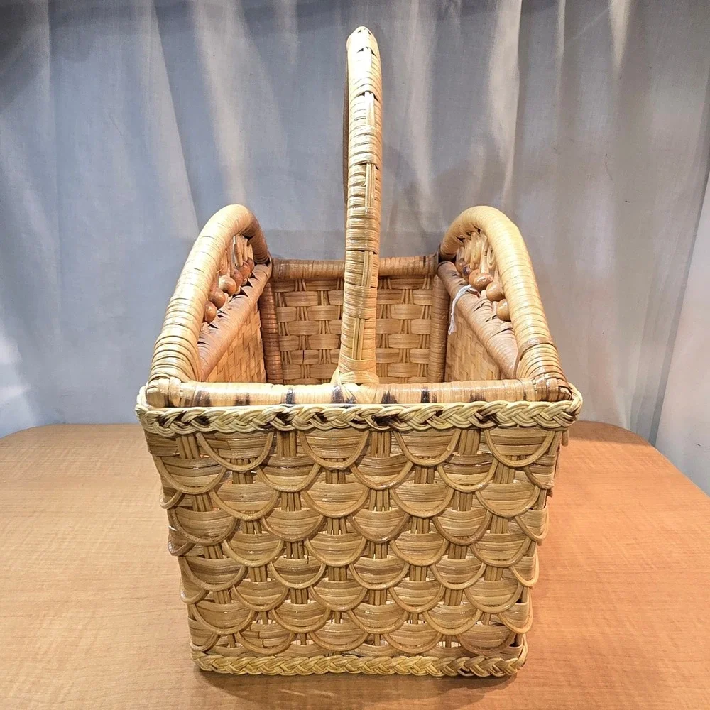 Wicker Magazine Holder Rattan VTG MCM Beads Braided‎ Handle Decorative 15x16x8.5